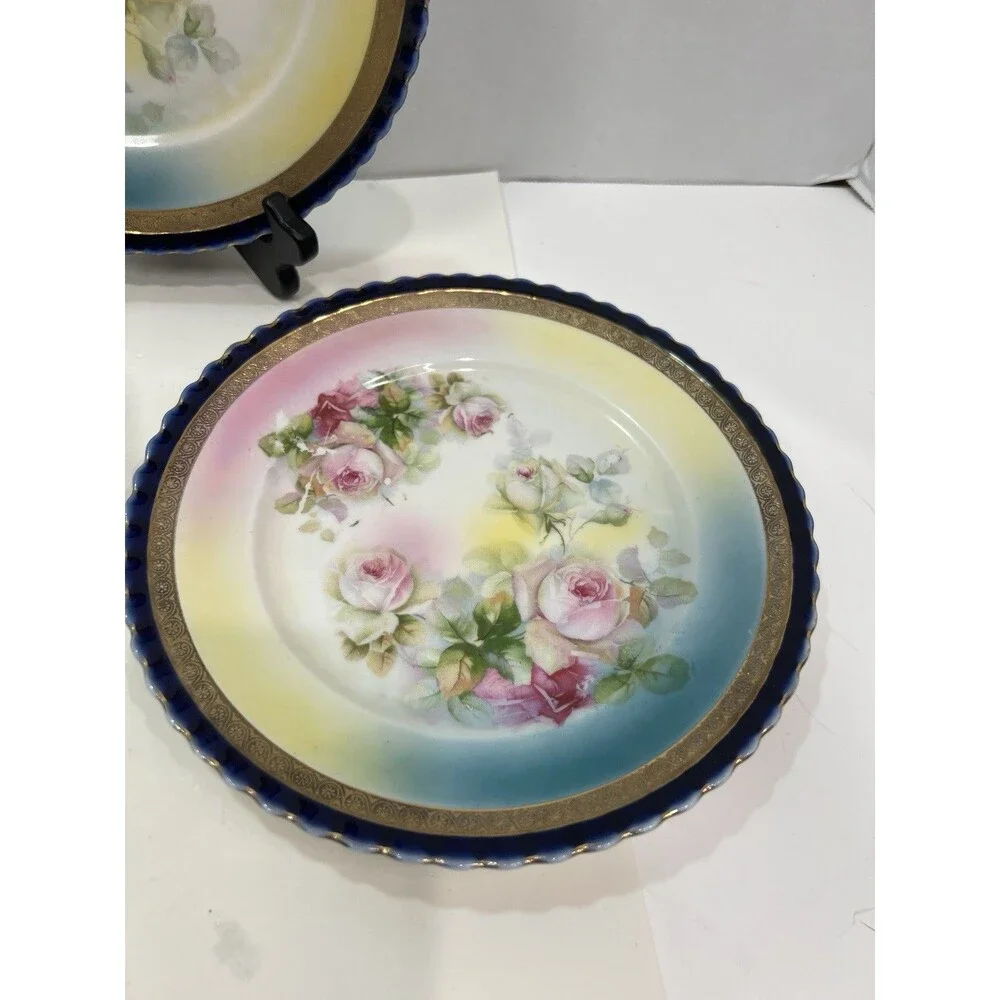 Vintage Hand Painted Porcelain Blue Bright Plate Roses Gold Gilt Scalloped Edge